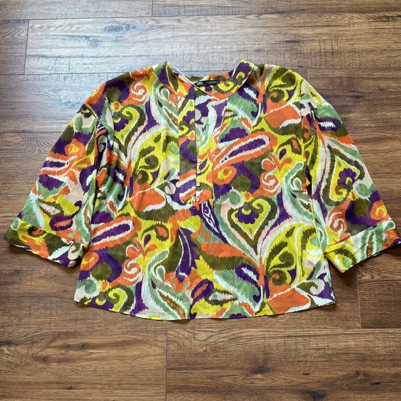 Zara Women’s Multicolor Boho Pajama Style Sheer Button Down Blouse Size Large - Picture 2 of 9
